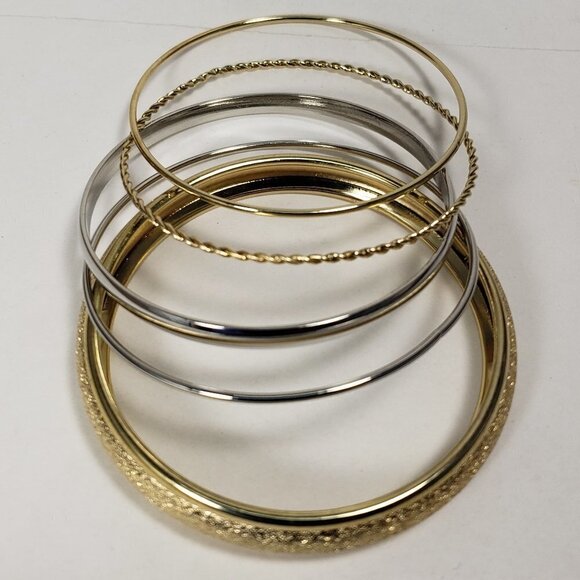 Set of 5 Textured Silver & Gold Tone Bangle Bracelets - Women's Fashion Jewelry - Picture 1 of 5